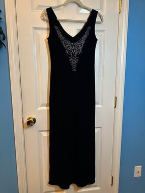 EUC PIA Black Velvet-Like Embellished V-Neck Maxi Dress SZ L Made in the USA